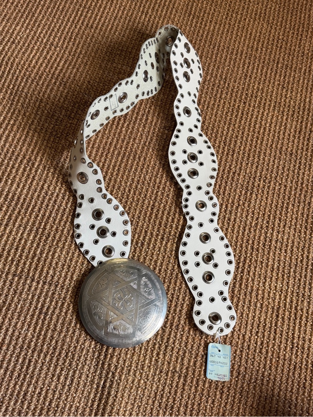 1970s-80s Vintage White Grommet Leather Belt with Large Silver Medallion